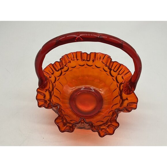 Fenton VTG Red Orange Amberina Thumbprint Glass Basket Ruffled Edge Grandmacore - Picture 13 of 16
